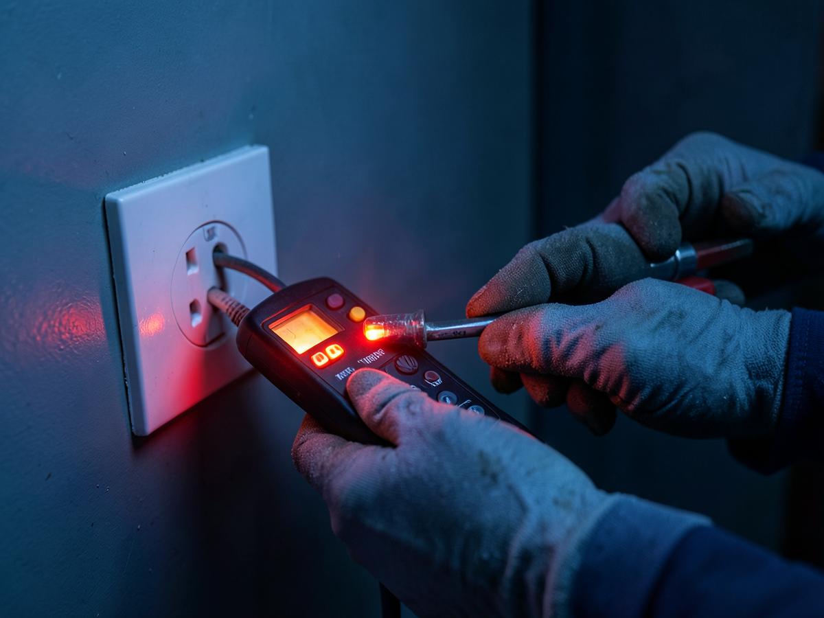 Électricien bj Électricité testant une prise lors d'un dépannage