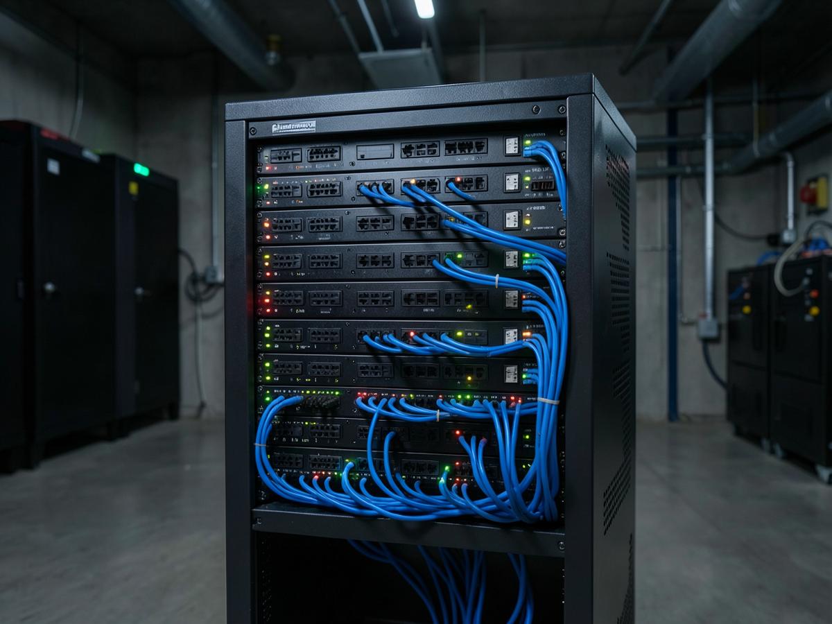 Armoire informatique avec patchage de câbles réseau réalisée par bj Électricité